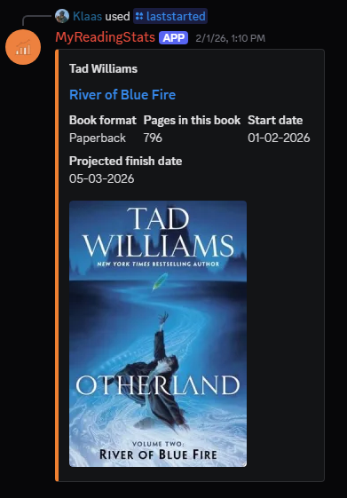 MyReadingStats Discord integration showing book details